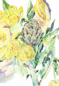 Flower Piece Artichoke and Yellow Tulips - Diara Galinski